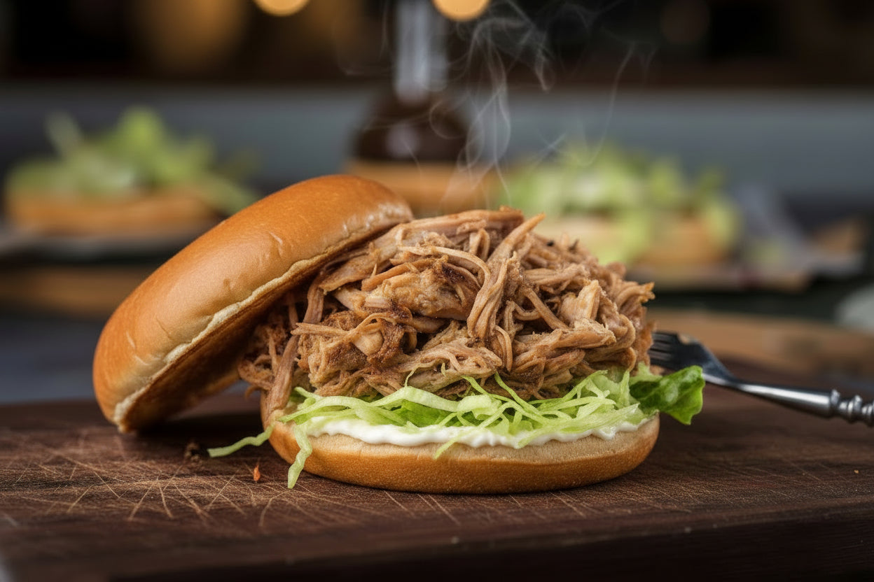 Fully cooked shredded chicken sandwhich on a wooden cutting board, tender and juicy, made from premium corn and soy free chicken for quick, high-protein meals