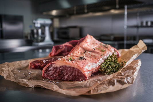 raw bison new york strip loin unpeeled  in a commercial kitchen. Bulk meat for gatherings 
