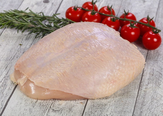 Bone-in, Skin-on, Soy-free, Corn-free chicken breast pasture raised non-gmo humanely harvested 