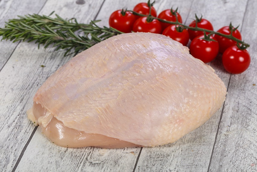 Bone-in, Skin-on, Soy-free, Corn-free chicken breast pasture raised non-gmo humanely harvested 
